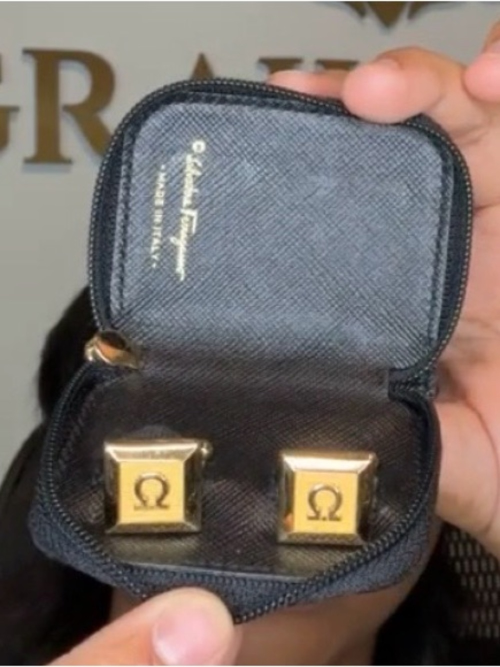 Salvatore Ferragamo Gold Square Omega Logo Cufflinks